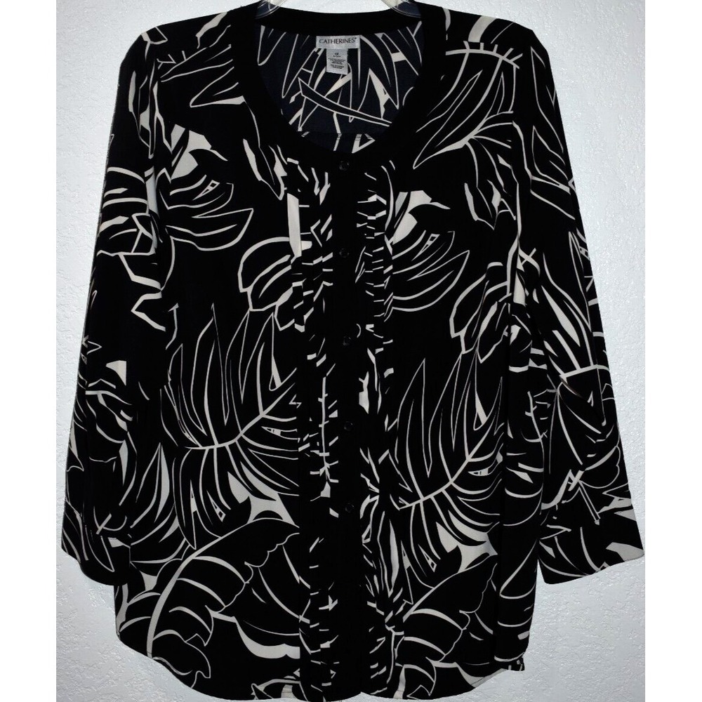CATHERINES 1X Stretch Blouse Long Sleeve Black/White pleat front Top Sz 18/20